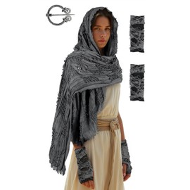 UQJE Desert Wasteland Shawl Post Apocalyptic Wrap Shawl with Viking Brooch and Broken Gloves Medieval Hooded Scarf