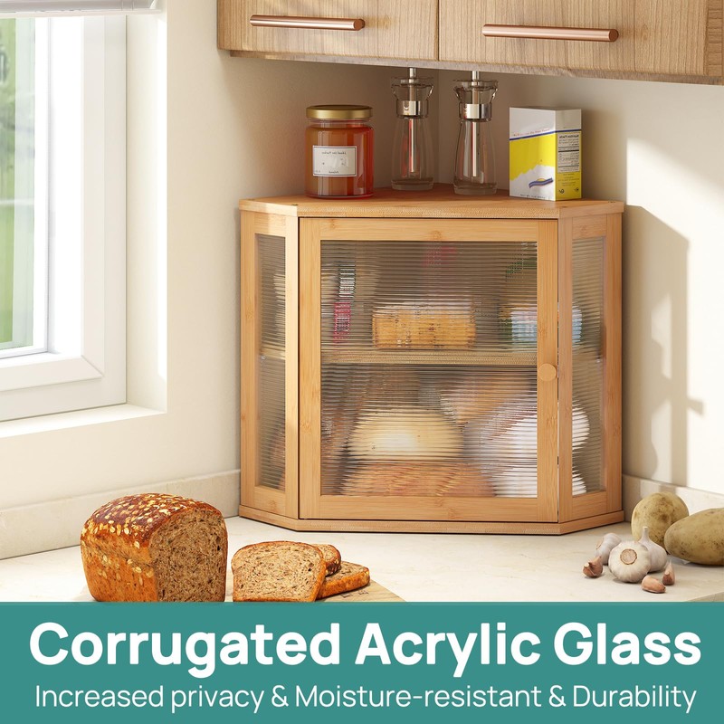 viewcare Corner Bread Box for Kitchen Counter, Bamboo Wood Large