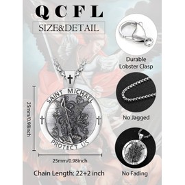 QCFL Saint Michael Necklace for Men Sterling Silver St Michael Medal Pendant for Men Big Amult Pendant Protection Jewelry Religious Necklace Gifts