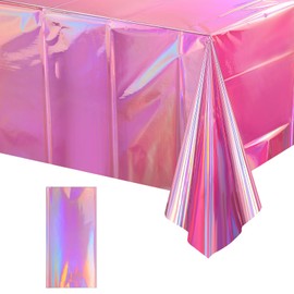 1 Pack Iridescent Pink Plastic Tablecloths, FunnyPars Shiny Disposable Laser Rectangle Table Covers, Holographic Foil Tablecloth Iridescent Party Decorations for Birthday Wedding Christmas, 54x108Inch