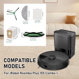DianSung Accessory Replacement for iRobot Roomba Plus 105 Combo + Vacuum Cleaner Replacement Part, 1 Main Brush, 4 Wipes, 4 Dust Bags, 4 Side Brushes, 4 Filters