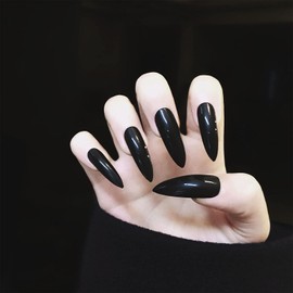 Yheakne Extra Long Stiletto Press on Nails Black Fake Nails Glossy Sharp Clip on Nails Punk Press Nails Art Full Cover Acrylic Nails Artificial False Nails Tips for Women and Girls 24Pcs (Black)