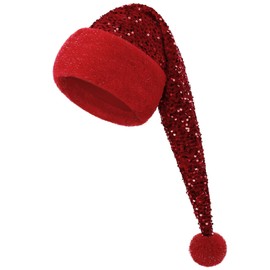 CITÉTOILE Long Adult Christmas Hat with Sequins, Santa Claus Hat, Thickened Winter Christmas Hat with Plush Ball, Luxurious Velvet Santa Hat, Red