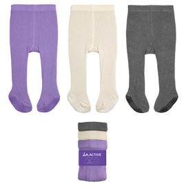 LA ACTIVE Baby Girl Tights Warm Cotton Leggings Tights, Non-Skid Seamless Cable Knit Stockings for 6-12 Months Infant Toddler, Violet & Ivory & Charcoal-3 Pairs