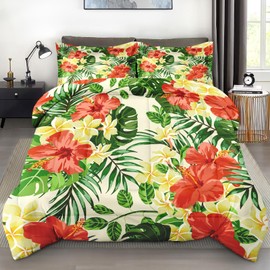 Pamnest Comforter Set King Size, Hibiscus Monstera Palm Leaf Soft 3 Pcs Bedding for Kids and Adults, Tropical Leaves Flower Comforter Set with Pillowcase, for Bedroom Bed Decor