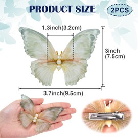 BEIQIYA 2pcs Butterfly Hair Clips, Non-Slip Double Mesh Hairpins, Pearl 3D Butterfly Hair Barrettes Accessories for Women Thick Thin Fine Curly Straight Long Short Hairstyles- Gray