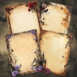 Whaline 60 hojas de papel de papelería de Halloween, 4 bordes de estilo gótico, papel de escritura vintage con calavera, castillo de rosas, para invit