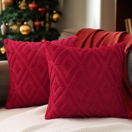 CJWLKJ 2Pcs Soft Faux Fur Throw Pillow Covers 18x18 - Plush Short Wool Velvet Decorative Pillow Covers - Couch Sofa Pillow Covers for Living Room - with 3D Diamond Pattern (Red)