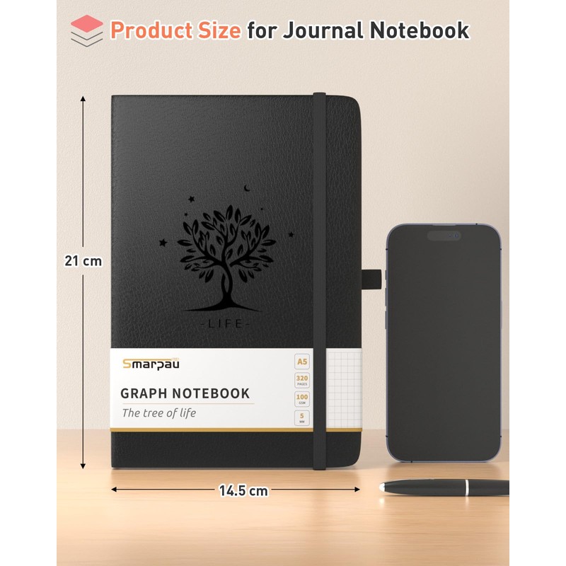 Smarpau A5 Graph Paper Notebook, Squared Notebook 320 Pages 100GSM