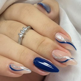 24Pcs Summer Press on Nails Almond Blue Glitter Fake Nails with Designs Blue Line False Nails Glossy Glue on Nails Full Cover Medium Artificial Acrylic Nails Summer Daily Stick on Nails for Women