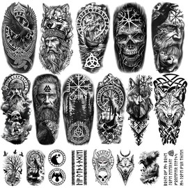 77 Sheets Temporary Tattoo, 17 Sheets Half Arm Nordic Wolf Tiger Lion Eagle Skeleton Skull Fake Tattoos for Men Women, 60 Sheets Black Tribal Tiny for Adult Boys Girls Body Realistic Tattoos Stickers