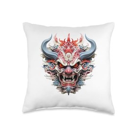 Scary Yokai Oni Mask Japanese Anime Warrior Throw Pillow
