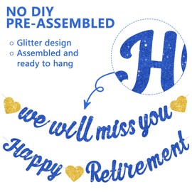 RICHHHA Glitter Navy Blue Happy Retirement We Will Missed You Banner Pre-Strung Retirement Party Decorations Office Goodbye Party Garland Going Away Party Backdrop Sign Farewell Party Supplies,NO-DIY