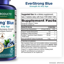 Purity Products EverStrong Blue Strength Building + Brain Boosting w/Muscle Matrix Blend ft. Creatine Monohydrate + More, PurityBlue Organic Blueberry Complex, 1000 IU Vitamin D3-90 Tablets