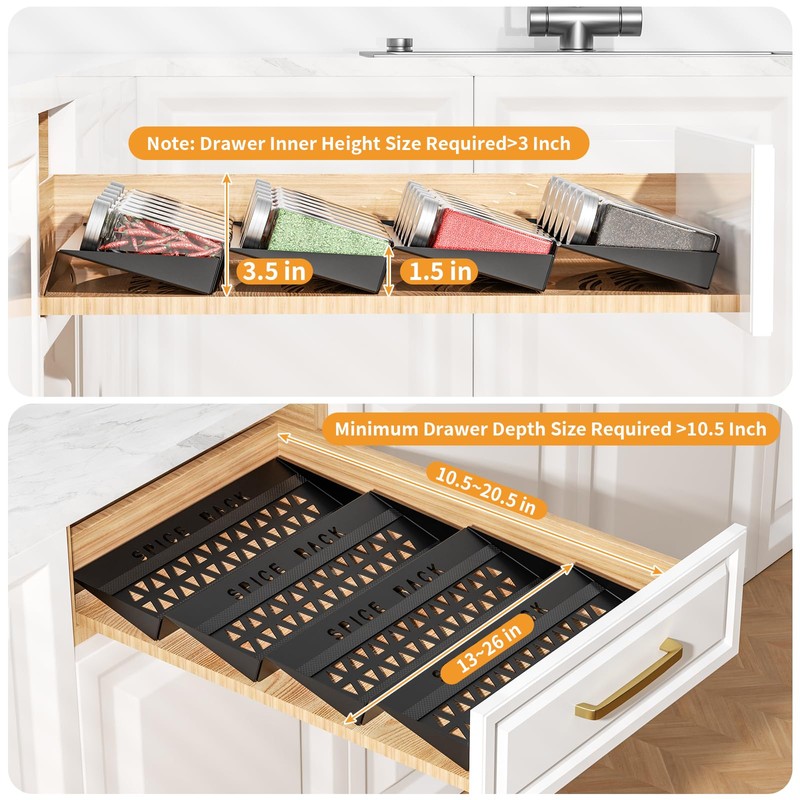 RCHYFEED 4 Tier Non-Slip Spice Drawer Organizer, (Need 3.5" Deep