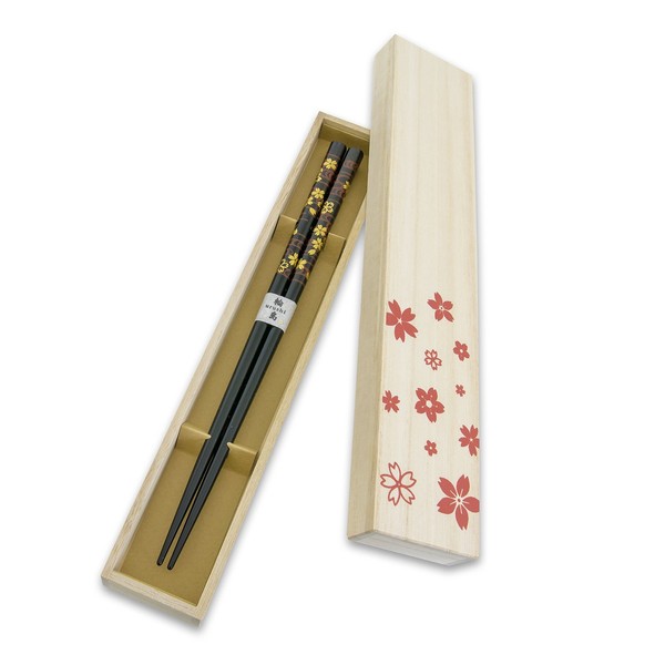 Hashimoto-Kousaku Sikkiten Japanese Natural Lacquered Wooden Chopsticks Sakura Collection in Gift Box (Mizusakura, Black)