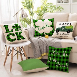 Shamrock St Patricks Day Throw Pillow Cover 18x18 Green Holiday Decorative Cushion Covers Indoor and Outdoor Set of 4 for Party, Living Room, Bedroom and Car (St Patrick's Day)