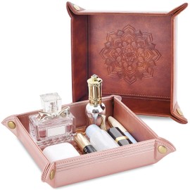 Scarklym 2 Pack Valet Tray, PU Leather Valet Tray Can Be Used As Key Bowl, Cologne Organizer for Men and Travel Jewelry Box, for Key Earphone Phone Coin Change Watches (8.6 * 8.6'' Brown + Pink)