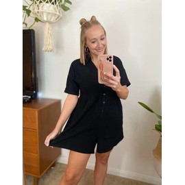 DEEP SELF Summer Casual Brunch Outfits Jumpsuits Button Down Playsuits for Women All Black Short Sleeve V-neck Shorts Rompers with Pockets