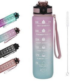 chongning 1L Sport Water Bottles with Straw & Time Maker Leak-proof, BPA-free Plastic Drink Bottle for Girls, Boys, Gym, Cycling, Office, Outdoor (Pink Blue)