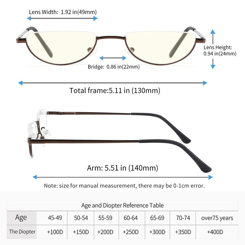 TOVEEN Half Lens Reading Glasses Blue Light Blocking, Half Moon