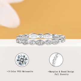 SILVERNANA Marquise Moissanite Wedding Band Sterling Silver 0.4 ct Round Cut Moissanite Full Eternity Stackable Wedding Ring for Women Size 6