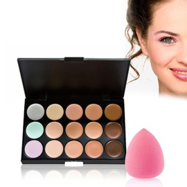 15-Shade Concealer Palette with Sponge Puff and Makeup Brush - 14.4x10.9x6.4cm