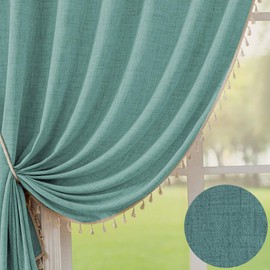 F-CHU Boho Teal Curtains 84 Inches Long Bohemia Linen Curtains for Bedroom Living Room, Super Soft Light Filtering Country Rustic Semi Sheer Farmhouse Curtains Rod Pocket 2 Panels Set 52x84