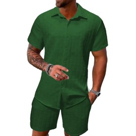 DEEX L ArmyGreen Men's Summer Beach Outfits 2 Piece Short Sleeve Shirts and Shorts Texture Vacation Sets for Men 2025