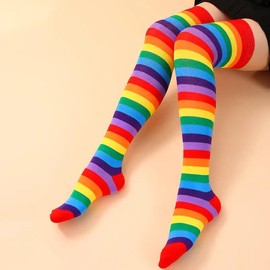 Womens Girls Rainbow High Socks Gloves Knee High Socks Cosplay Rainbow Striped Leg Arm Warmer Fingerless Gloves Set Accessories