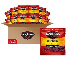 Jack Link's Beef Jerky, Teriyaki, Multipack Bags - Flavorful Meat Snacks for Lunches, Ready to Eat Protein Snacks, Individual Packs - 7g of Protein, Made with 100% Beef - 0.625 oz (Pack of 20)