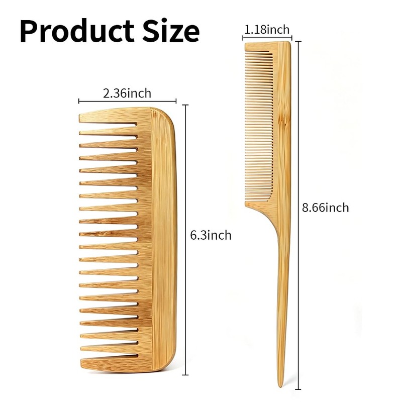 2pcs Bamboo Hair Comb Set, Natural Bamboo Wood Tail Combs