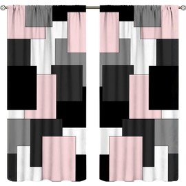 ZhiRain Pink and Black Curtains Gray White Geometric Silver Dark Abstract Square Art Curtain with Rod Pocket for Bedroom Living Room Home Decor Drapes Window Treatments 2 Panels Set 42" W X 45" L