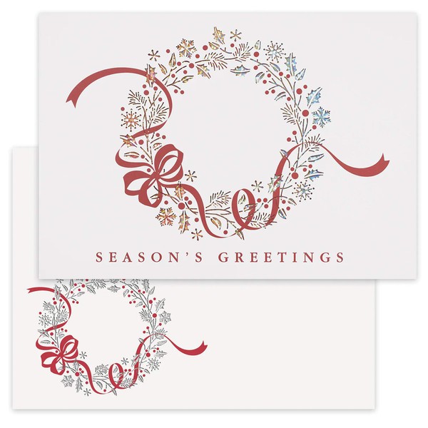 Masterpiece Studios 10-Count Boxed Laser Cut Holiday Cards With Coordinating Envelopes, 5" x 7", Red Bow Wreath (938300)
