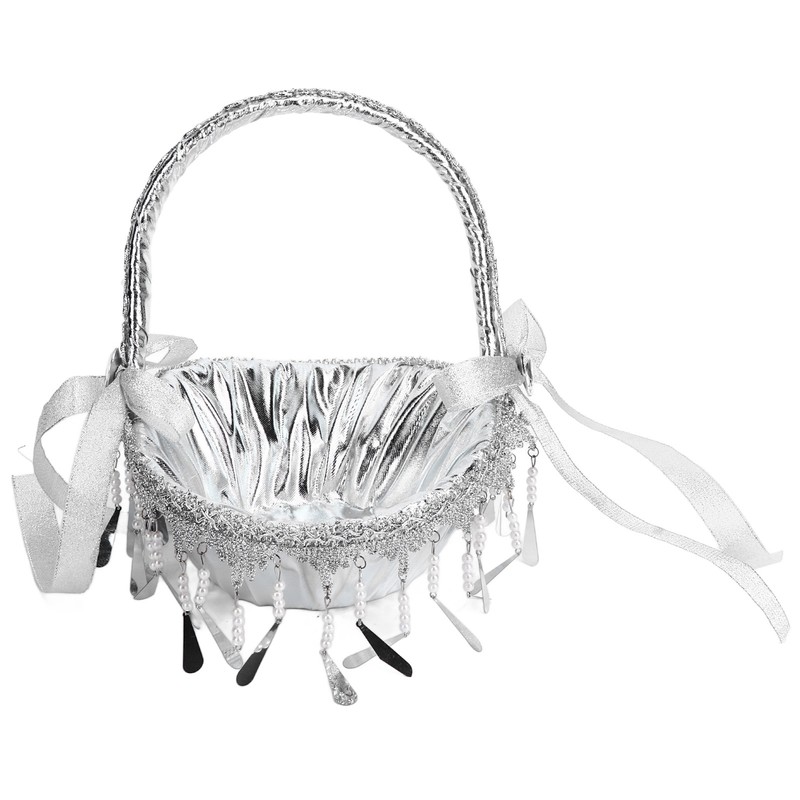 Wedding Flower Girl Basket Silver Hand Flower Basket Romantic Rhinestone