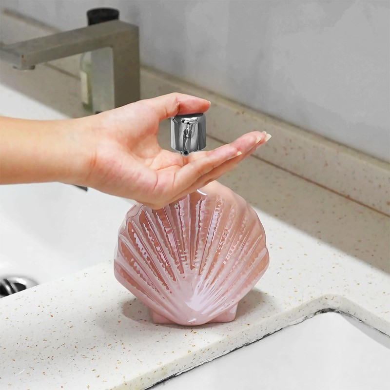 BUNCHBRAVO Ceramic Soap Dispenser, Pink Seashell Design, Refillable 14 Oz