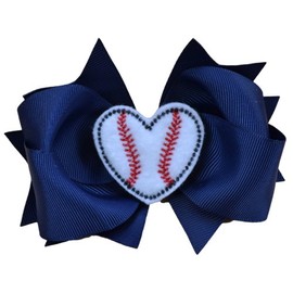 Baseball Hair Bow with Embroidered Heart Funny Girl Designs 4.5 Inch Bow (Navy)