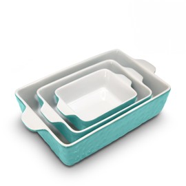 NutriChef 3-pc Casserole Dish Set for Oven, Ceramic Lasagna Baking Dishes, Deep Serving Dish with Handles - Aqua, (14.7"/ 10.8"/ 7.9")