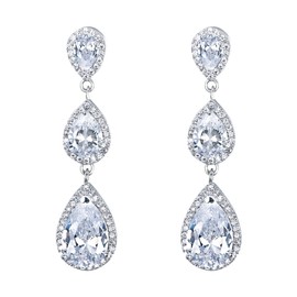 EVER FAITH Women's Cubic Zirconia Wedding Bridal 3 Teardrop Long Dangle Earrings Clear Silver Tone, Cubic Zirconia, Cubic Zirconia