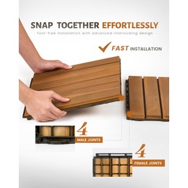 Upolana 9 PCS Interlocking Deck Tiles 12" x 12", 6 Slats Outdoor Flooring Acacia Wood Patio Tiles, Waterproof Patio Flooring Decking for Balcony Backyard, Indoor and Outdoor Use