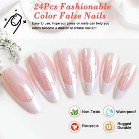 Ceboic 24Pcs Press on Nails Medium Almond, Aurora Pink French White Tip False Nails, Reusable Natural Fit Stick on Nails, Glossy Glue on Nails Glitter Acrylic Stiletto Fake Nail Kit for Women Girls