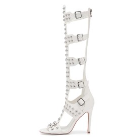 sexyprom Women's Open Toe Hollow Knee High Boot 4.3IN Stiletto Heels, Metal Bead & Big Bukles Nightclub Party Wedding Shoes White US7