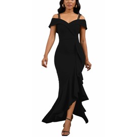 2024 Wedding Guest Dresses for Women Ruffle Neckline Evening Formal Gala Gowns Mermaid Black Dress