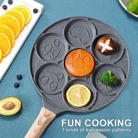 Bobikuke Pancake Pan Induction for Kids, Pancake Shapes Pan, Mini Pancakes Maker Nonstick Pancake Griddle 7 Hole Smiley Face Pancake Mold for Breakfast, 10 Inch