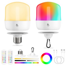 Cadrim Rechargeable Light Bulbs 2 Pack, Battery Operated Light Bulbs with Remote Control, USB-C Rechargeable E26/E27 Bulbs, RGB Color Changing, Dimmable, Magnetic Detachable Base