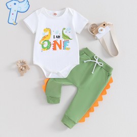 Baby Boy Birthday Outfit, 1st-5th Dinosaur Print Short Sleeve Romper Elastic Waist Shorts/Joggers Pant Toddler Summer Birthday Set (White One, 12-18 Months)