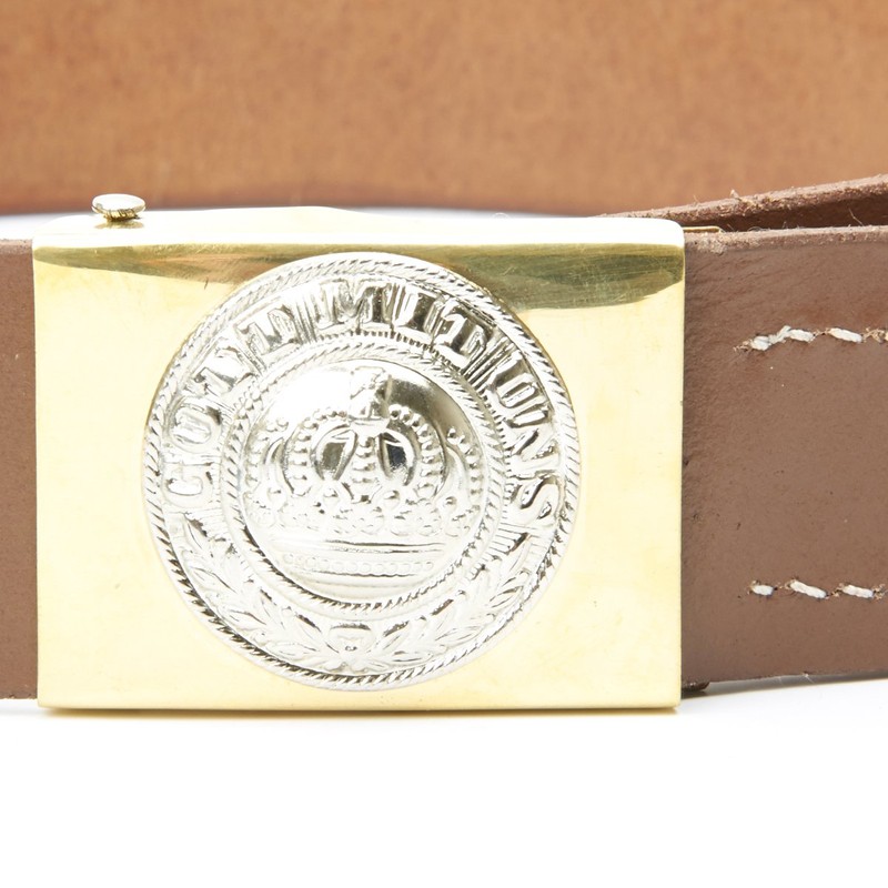 German WWI Brown Leather Belt with Prussian Brass and Nickel