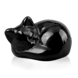 Qwrqwr Hand-Carved Black Obsidian Sleeping Cat Figurine Natural Crystal Healing Statue for Desk Decor Feng Shui Gifts for Women Cat Lovers and Spiritual Wellness (Black)
