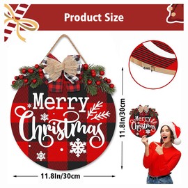 Merry Christmas Sign Wooden Hanging Sign Wreath Christmas Decor Wood Round Yard Sign Christmas Door Hanger Decor for Porch Home Indoor Outdoor (A)