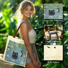 Gifts for Mum, Canvas Tote Bag for Women, Aesthetic Cat Gift Bag with Makeup Pouch Bag, Cute Fabric Tote Bag with Swimming Cat Pattern for Women Ladies Girls Working